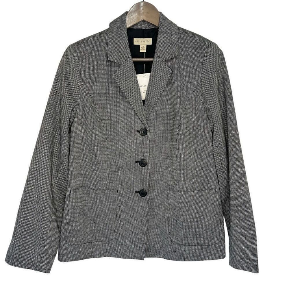 Appleseed's Tweed Blazer Jacket size 8 Silk Cotton Black 3 Button Pockets